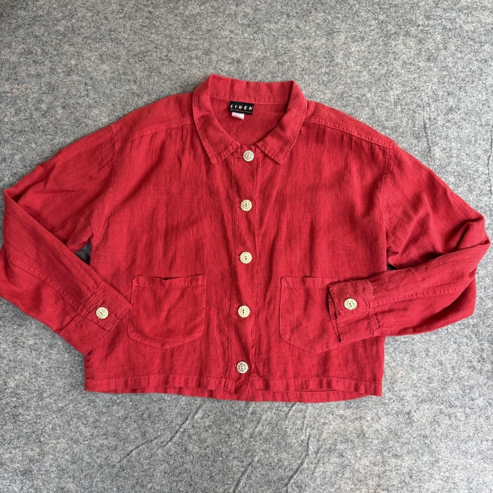 Liz & Jane Shirt Womens M Red Linen Button Front Boxy Cropped Pocket Top USA